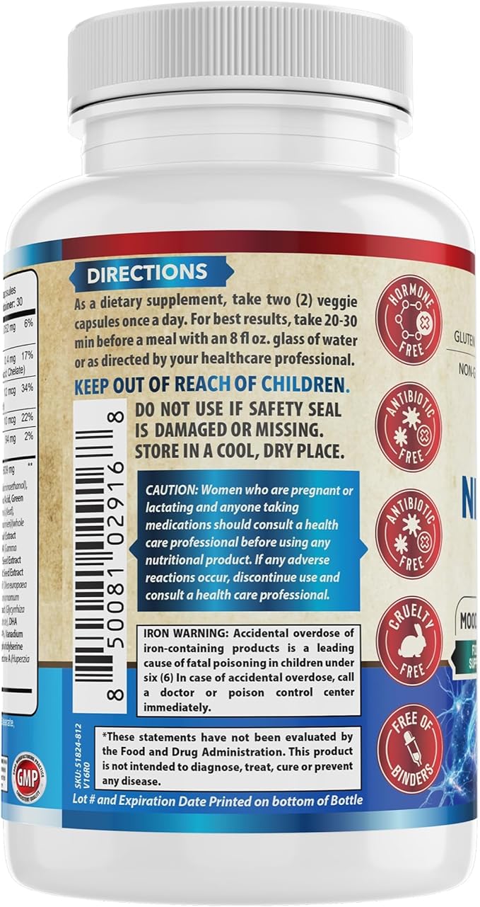 Neuro Focus Formula | Supports Mental Clarity & Focus | Vitamin A,C,D,E,B6 | Gluten Free, Sugar Free, Lactose Free | 60 Capsules | Made in The USA.