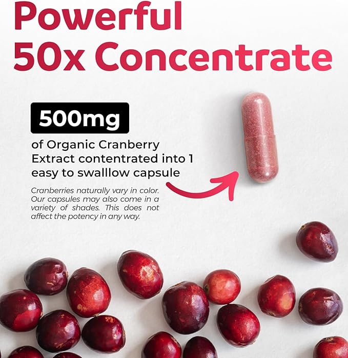 Organic Cranberry Pills - Vegan Supplement for Urinary Tract Health & Kidney Cleanse - Cranberry Pills for Women 500mg 50:1 Cranberry Concentrate Per Serving - Urinary Tract Support - 60 Capsules
