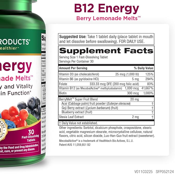Purity Products B-12 Energy Berry Lemonade Melt w/Super Fruits Methylcobalamin B12 - Vitamins B6, D3, Folic Acid and Biotin - High Absorption MecobalActive B 12-30 Melting Tablets