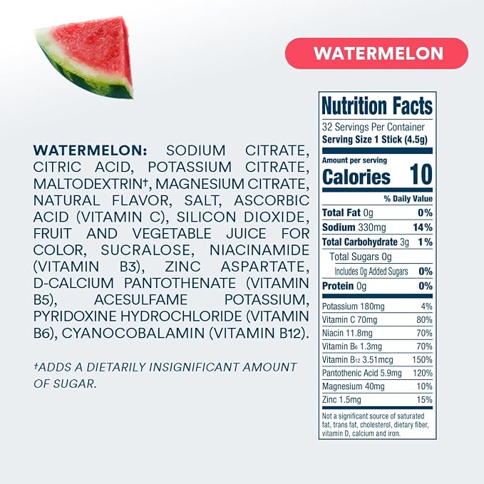 DripDrop Sugar Free Hydration Packets - Zero Watermelon - Single Serve Electrolytes Powder Drink Mix - Non-GMO, Gluten Free, Vegan - 32 Sticks