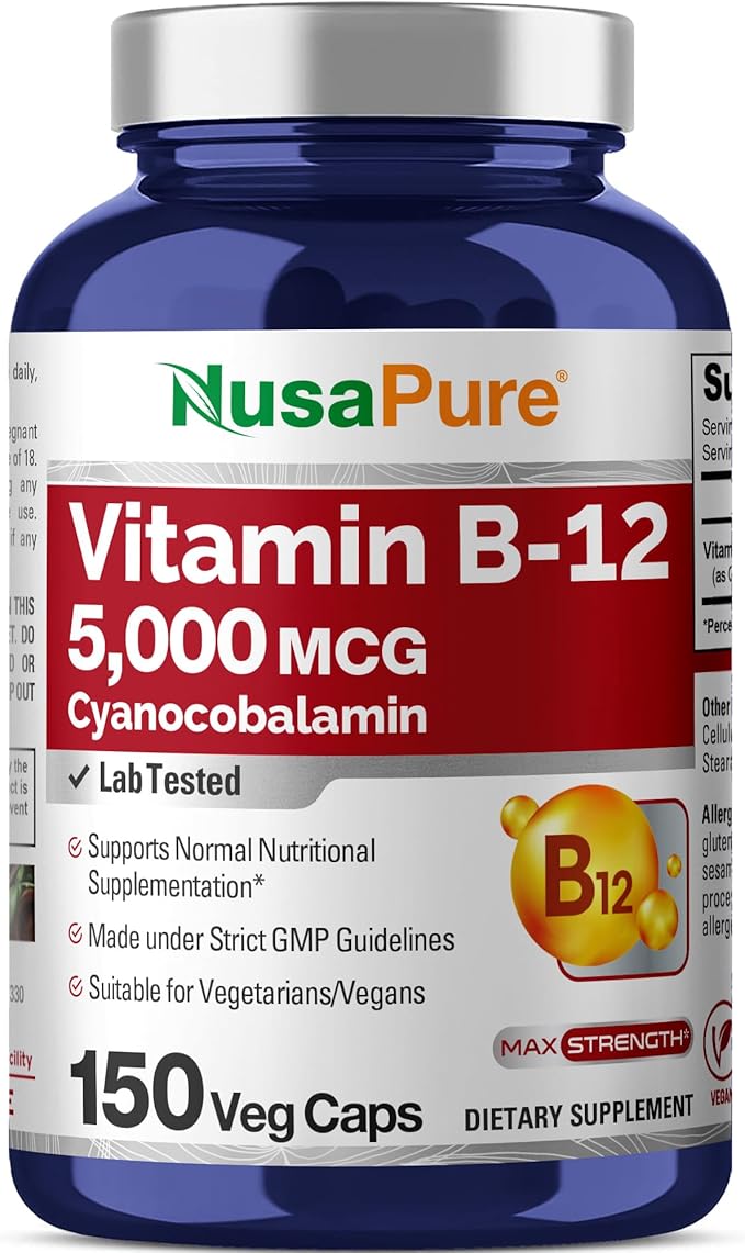 NusaPure Vitamin B12-5000 MCG 150 Veggie Capsules (Non-GMO, Vegan) - Max Strength Vitamin B12