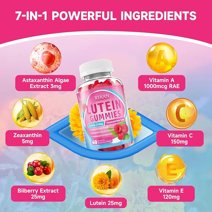 Lutein and Zeaxanthin Supplements, Lutein Gummies with Zeaxanthin,Vitamins A, C, E, Bilberry, Astaxanthin for Vision Health & Eye Strain, Sugar-Free/Vegan, Raspberry Flavor 60 Count