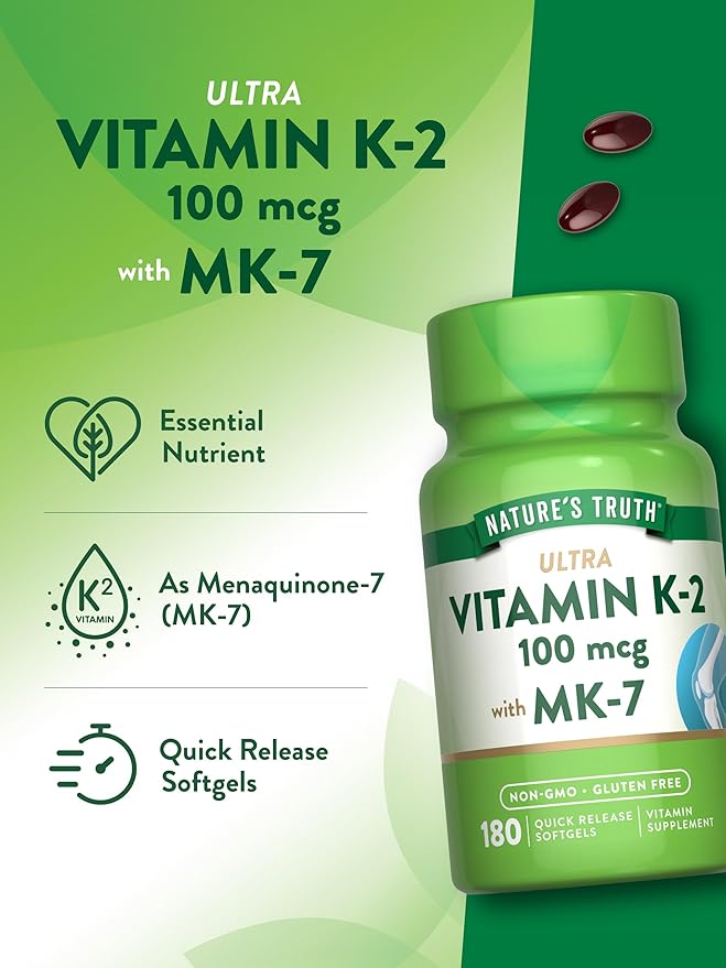Nature's Truth Vitamin K2 MK-7 | 100 mcg | 180 Softgels | Non-GMO & Gluten Free Supplement