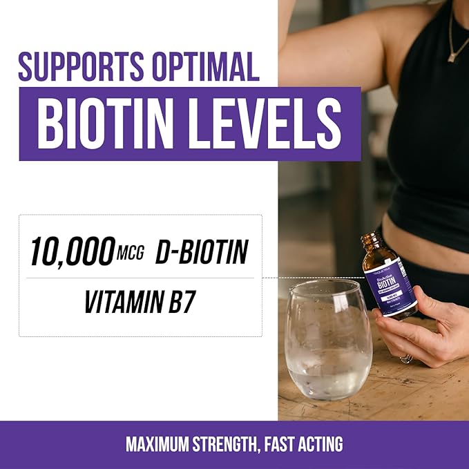 Liquid Biotin 10,000mcg Drops for Women – Organic USP Grade Dietary Supplement – High-Absorption Formula – Supports Healthy Hair, Skin & Nails – Natural Berry Flavor – 180 Servings, 2 oz