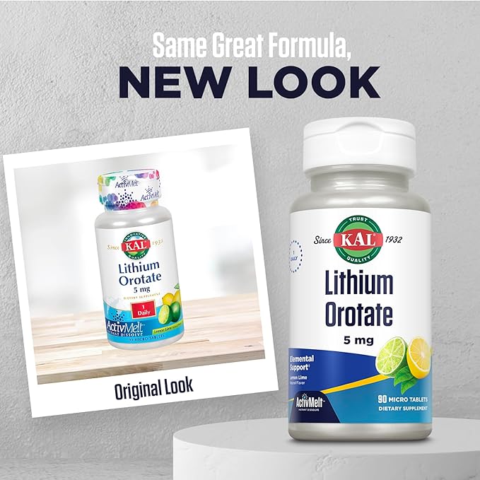 KAL Lithium Orotate ActivMelt 5mg, Chelated Lithium for Optimal Absorption and Bioavailability, Healthy Mood Support, Natural Lemon Lime Flavor, Instant Dissolve Tablets, 90 Servings, 90 Micro Tablets