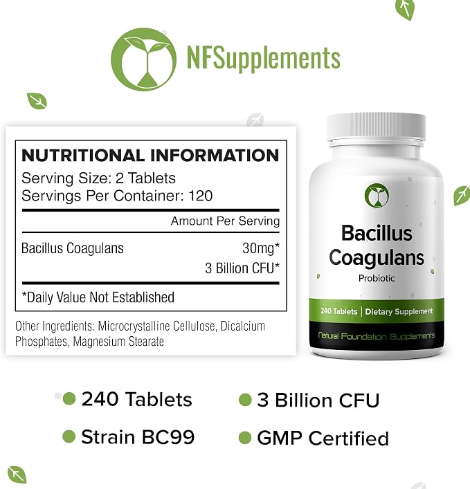 Bacillus Coagulans Probiotic 240 Tablets (4 Month Supply) - 3 Billion CFU Researched Strain BC99 - Supports Digestive Health & Gut Comfort – GMP Certified (240, Bacillus Coagulans)