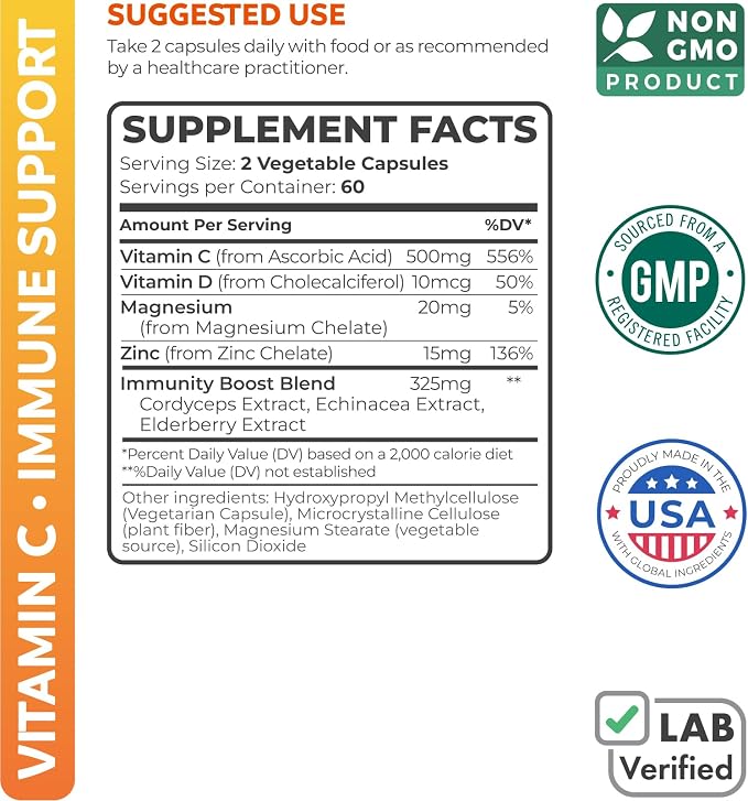 Vitamin C Immune Support Supplement - Immune Boost Blend with Elderberry Vitamin C and Zinc for Daily & Seasonal Support - Magnesium Zinc VIT C & D and Herbal Defense Complex (2 Months Supply)