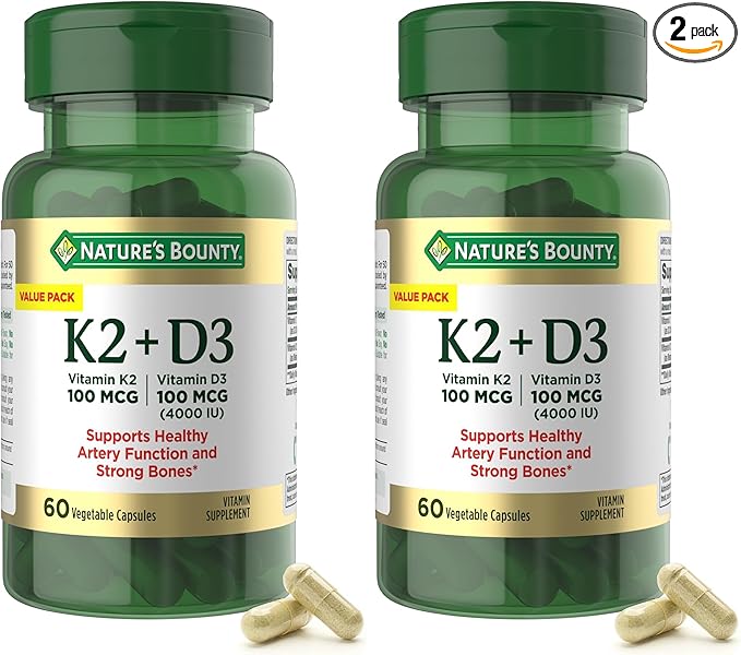 Nature's Bounty Supplement, 4000 IU Vitamin D3 Plus 100 mcg of Vitamin K Supplements for Adults for Heart & Bone Health Support, 60 Day Supply, 60 Vegetarian Capsules (Pack of 2)