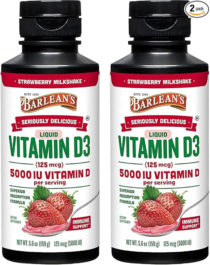 Barlean's Pack of 2 Vitamin D3 Liquid Supplement for Kids and Adults, 5000 IU Vitamin D, Strawberry Milkshake, Non-GMO, Gluten and Dairy Free, 5.6 oz Each
