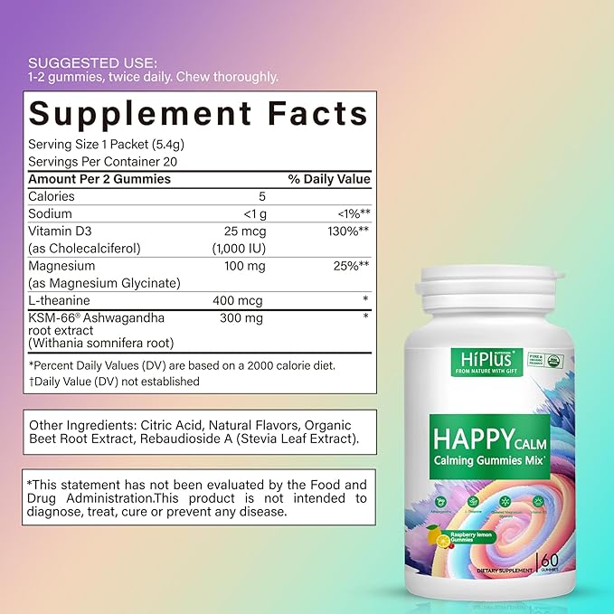 Calming Gummies - Ashwagandha KSM-66, Magnesium Glycinate & L-Theanine Supplement, Vitamin D3 - Ashwagandha Extract - Helps with Focus & Relaxation, Lemon Flavor, 60 Count