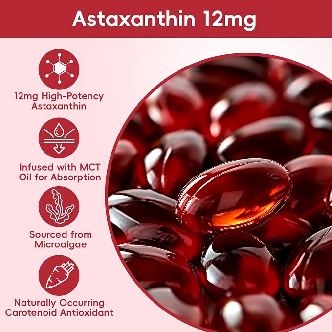 Astaxanthin 12mg with MCT Oil – 120 Softgels, Premium Astaxanthin Organic Supplements, for Kidneys, Eyes & Skin, Natural Microalgae Source, Triple Strength, Non-GMO & Gluten Free (Pack of 1)