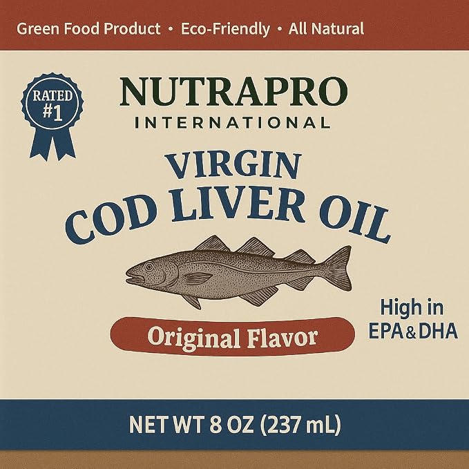 Virgin Cod Liver Oil - 8 Fl oz Natural, Wild Caught & Fresh Tasting,.High in Vitamin D, Omega 3 DHA/EPA (Peppermint Flavored)
