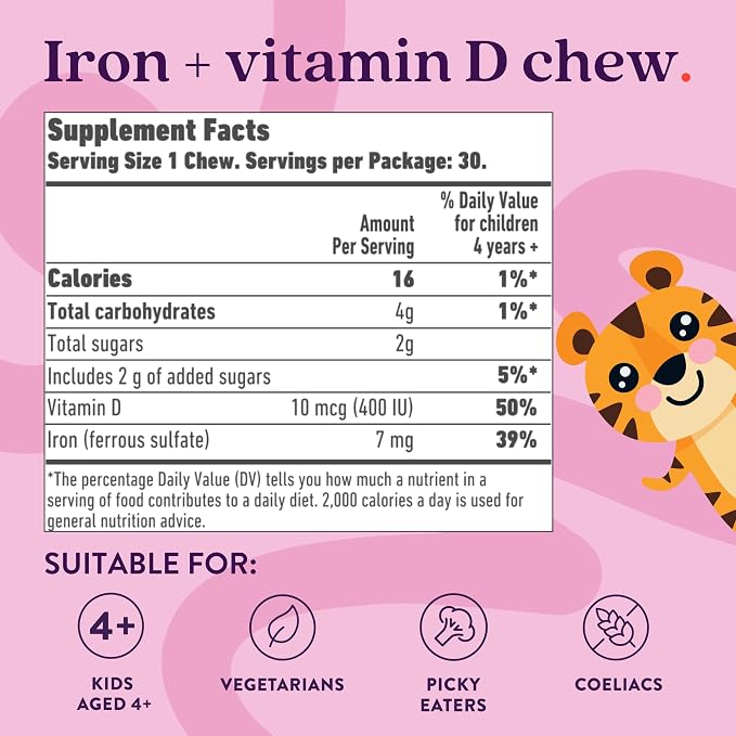 Active Iron Supplement 7mg + Vitamin D for Kids, Clinically Proven Better Absorption, Increase Iron & Energy Levels, Gentle & Non-Constipating, Supports Growth & Immune Health, 30 Blackcurrant Chews
