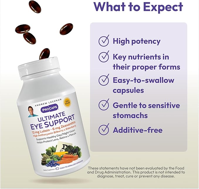ANDREW LESSMAN Ultimate Eye Support 30 Softgels - 12mg Lutein, 6mg Zeaxanthin, Bilberry, Key Nutrients to Support Eye Health and Promote Healthy Vision. No Additives. Easy to Swallow Softgels
