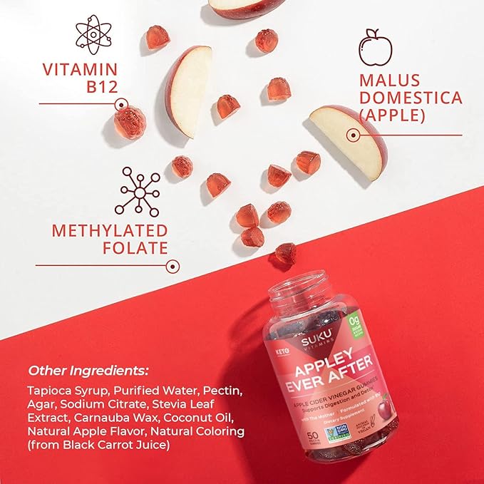 SUKU Appley Ever After Gummies – Apple Cider Vinegar with Methylated B12 & Folate – Sugar-Free, Gluten-Free, Vegan Detox & Energy Support – Amazing Apple Flavor – 50 Count