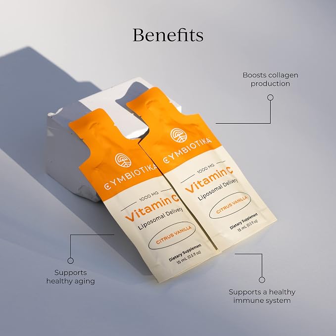 CYMBIOTIKA Vitamin C Individual Packets, Liposomal Delivery, Supplement for Immune Support, Collagen Boost, & Healthy Aging, Skin Hydration Packets, Citrus Vanilla Flavor, 30 Count