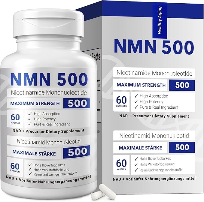 NMN 500mg Per Serving Maximum Strength - 99% Pure NMN (Nicotinamide Mononucleotide) for NAD, Cell, Immune, Energy, Anti-Aging & Longevity, Stabilized NMN Supplements 500mg - 60 Veggie Capsules