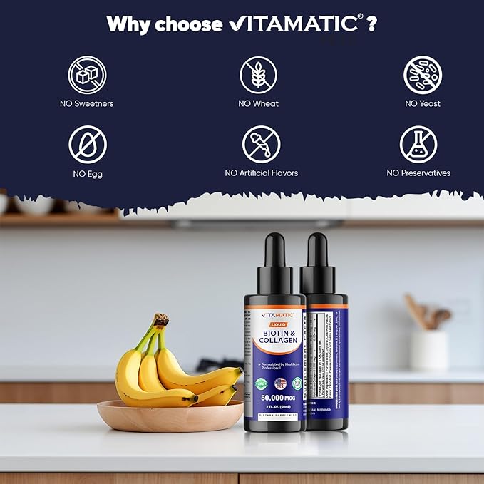 Vitamatic Liquid Biotin & Collagen Drops – 50,000 mcg – 2 fl oz Supports Healthy Hair Growth, Glowing Skin & Strong Nails – for Women and Men