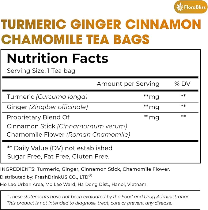 FloraBliss 50 Bags Premium Turmeric, Ginger, and Cinnamon Tea with Chamomile, Extra Strength 2.2g/Bag, 100% Natural, Caffeine-Free, Vegan, Eco-Friendly, Supports Digestion, Relaxation