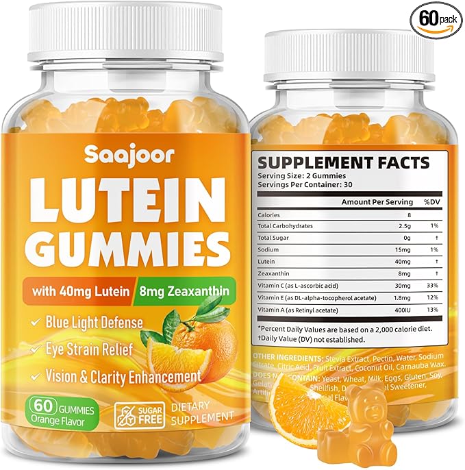 Lutein & Zeaxanthin Gummies - Eye Vitamin Supplement with 40mg Lutein & 8mg Zeaxanthin to Support Macular, Vision & Overall Eye Health, Naturally Orange Flavor, 60 Count