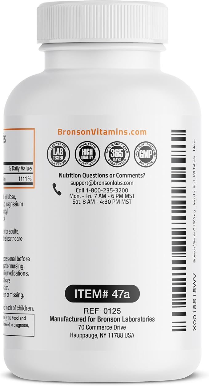 Bronson Vitamin C 1000mg Premium Non-GMO Ascorbic Acid Tablets, 100 Count