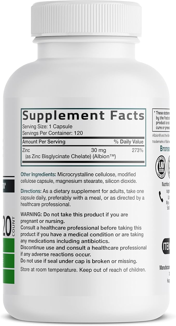 Bronson Zinc Glycinate 30mg Chelated Superior Absorption 100% Chelated Formula Non-GMO, 120 Vegetarian Capsules