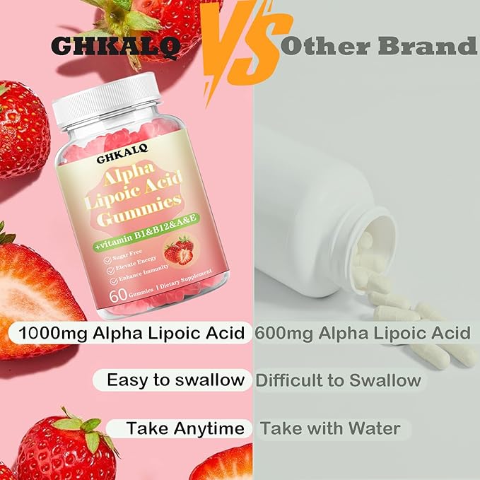 Alpha Lipoic Acid Gummies 1000Mg with Vitamin B1,B12&A,E,ALA Supplement,Provide Energy&Enhance Immunity,Liposomal Enhance Absorption,Sugar Free,Strawberry Flavor,60 Gummies