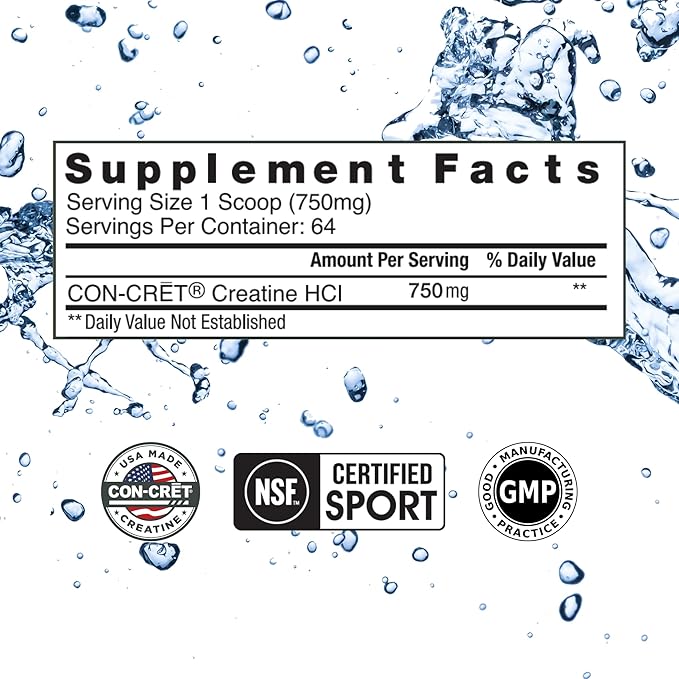 CON-CRET Creatine HCl Powder | Muscle, Cognitive, Cellular Energy Support | No Bloating or Cramps | USA Made & NSF Certified | Unflavored (64 Serving)