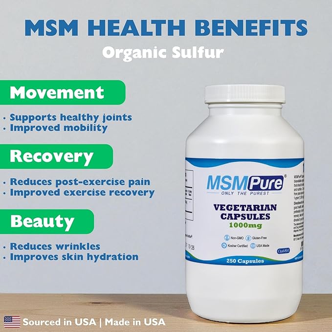 KALA HEALTH MSMPure MSM Vegetarian Capsules – 1,000 mg US-Made MSM per Capsule for Joint Health, Skin Appearance, Hair & Nail Support – 250 Count, Organic Sulfur