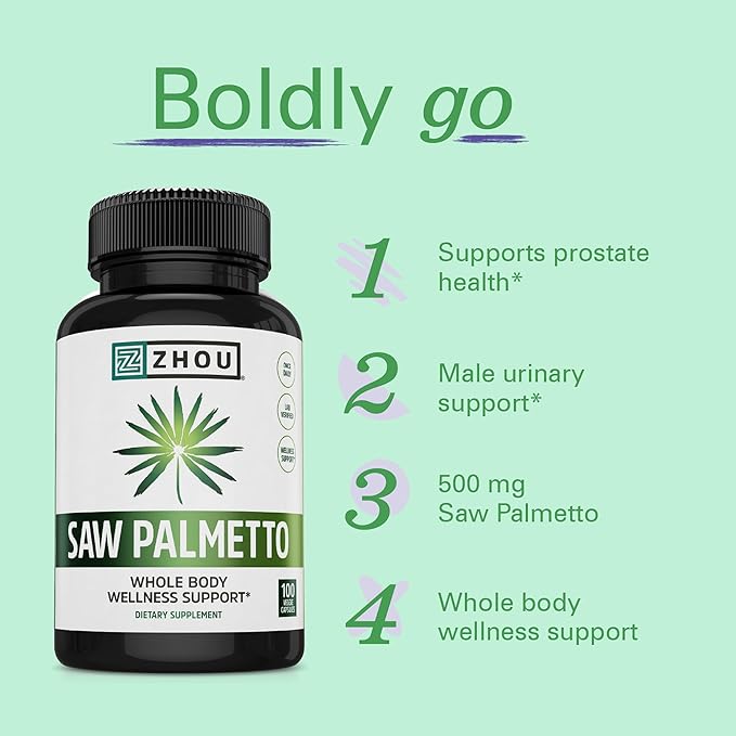 Zhou Saw Palmetto 500 mg | For Prostate Health | Healthy Urination Frequency & Flow | 100 Capsules