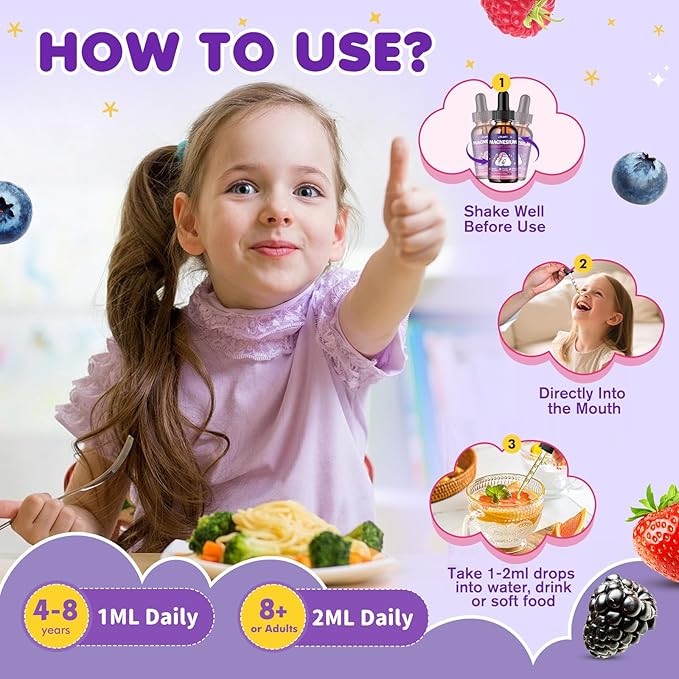 Magnesium Glycinate Liquid for Kids - Magnesium Bisglycinate Drops with L-Theanine, Chamomile & Vitamin B6, B12, C, D3 for Sleep, Relaxation, Immune Support, Calm & Focus - 2 Fl Oz, Mixed Berry Flavor