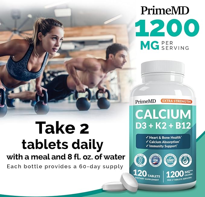 4-in-1 Calcium 1200 mg with Vitamin D3 Supplements for Women and Men - Calcium Extra Strength with Vitamin D3 K2 5000 IU Supplement,1200 mg per Serving - Vegan-Friendly - (120 Count) (Pack of 1)