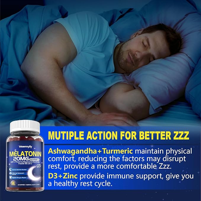 Maennyliy Melatonin 20mg Gummies for Adults - Sugar Free Melatonin Gummies Extra Strength with L-Theanine, Magnesium, Ashwagandha, Turmeric, D3 & Zinc - Non-Habit Forming