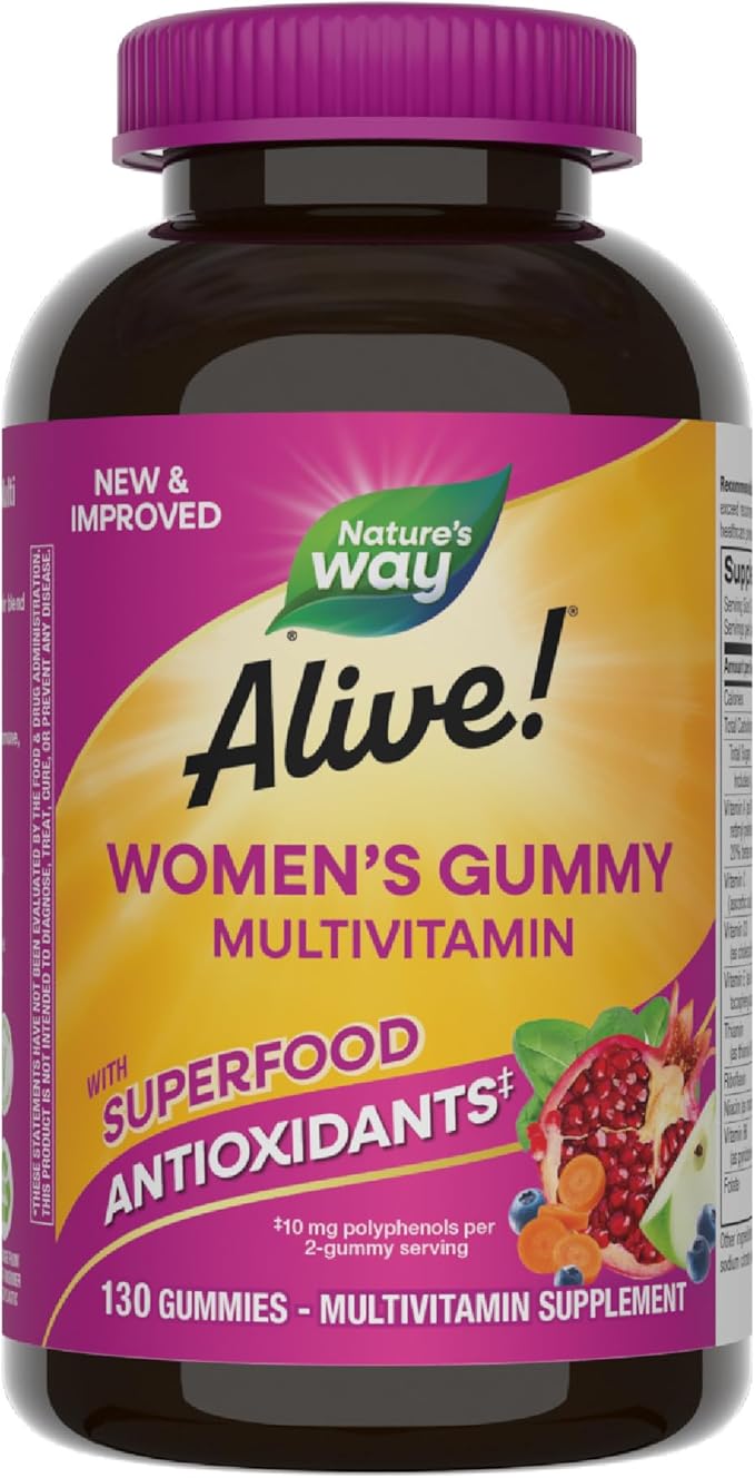Nature's Way Alive! Women's Daily Gummy Multivitamins, 16 Vitamins & Minerals, Energy Metabolism*, Hair Skin & Nails*, Vegetarian, Mixed Berry Flavored, 130 Gummies (Packaging May Vary)