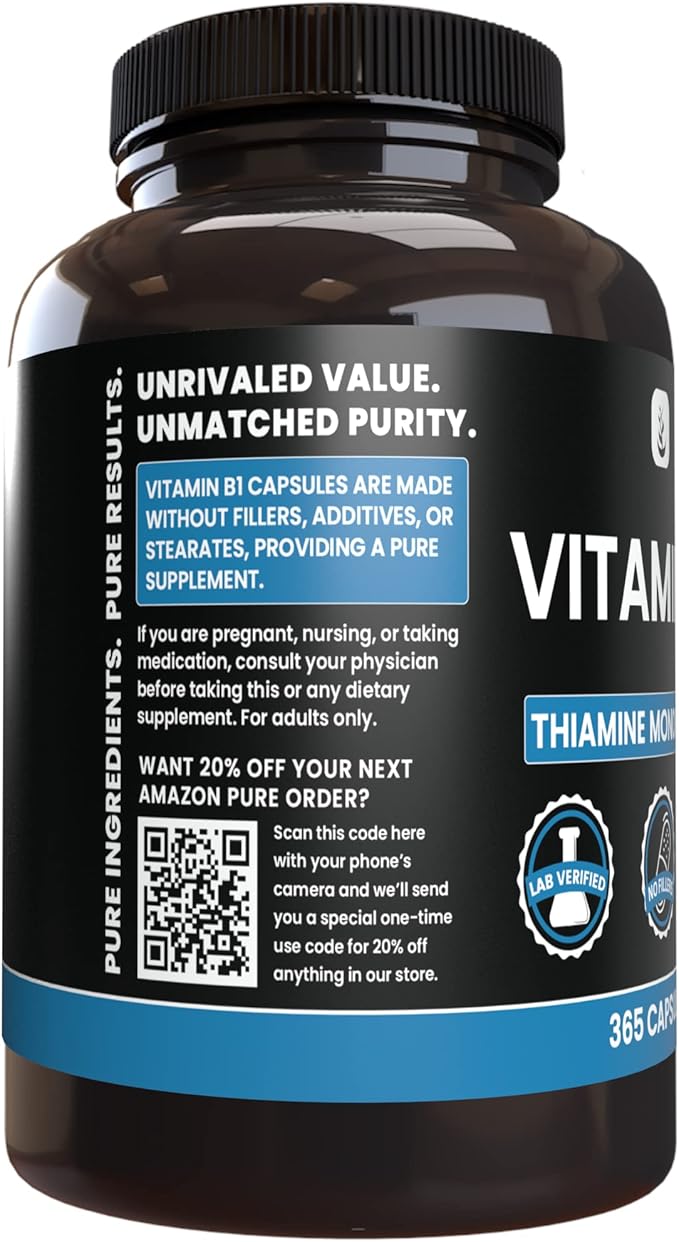 PURE ORIGINAL INGREDIENTS Vitamin B1 (Thiamine Mononitrate) (365 Capsules) No Magnesium Or Rice Fillers, Always Pure, Lab Verified