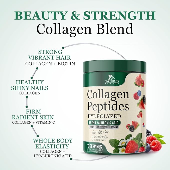 Collagen Peptides Powder 20g - Hydrolyzed Type 1 & 3 Berry Flavor Collagen Powder - Biotin, Hyaluronic Acid, Vitamin C - Hair, Skin, & Nails Support Supplement for Women & Men - Bottled in USA, 10.5oz