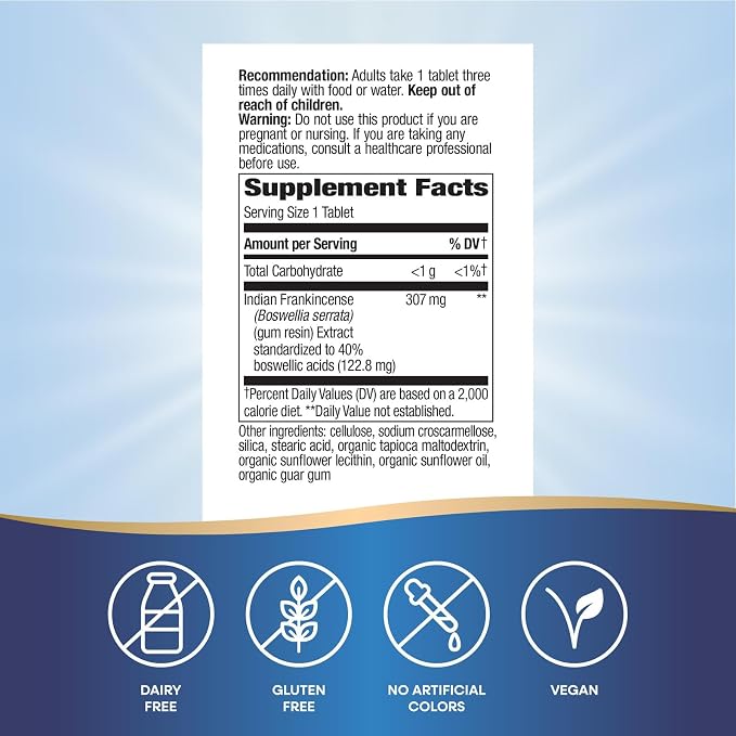 Nature's Way Boswellia Premium Extract, Supports Joint Mobility*, 307 mg Boswellia serrata Extract per Serving, Frankincense Supplement, Gluten Free & Vegan - 60 Tablets (Packaging May Vary)