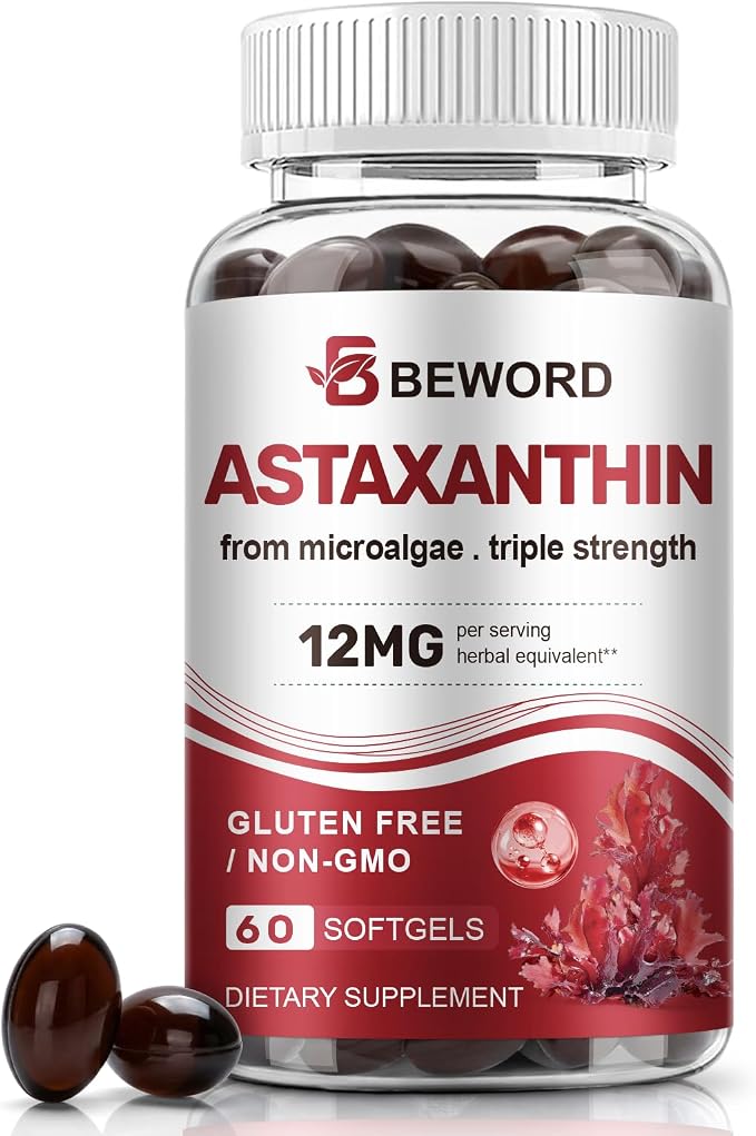 BEWORD Astaxanthin 12mg with MCT Oil, 60/120 Softgels 2-Month Supply | Premium Antioxidant Supplements | Natural Microalgae, Triple Strength | Supports Skin & Eye Health | Non-GMO, Gluten & Soy-Free