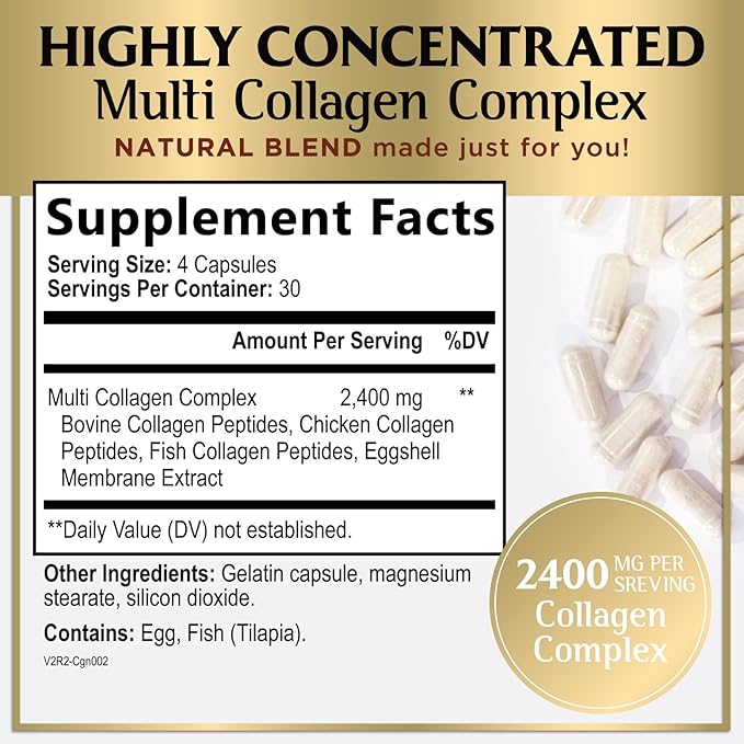 Multi Collagen Peptides for Women & Men - 2400mg per Serving - Best Hydrolyzed Collagen Complex with Type I, II, III, V, X - Hair, Skin, Nails & Joint Support Supplement - Bottled USA - 120 Capsules