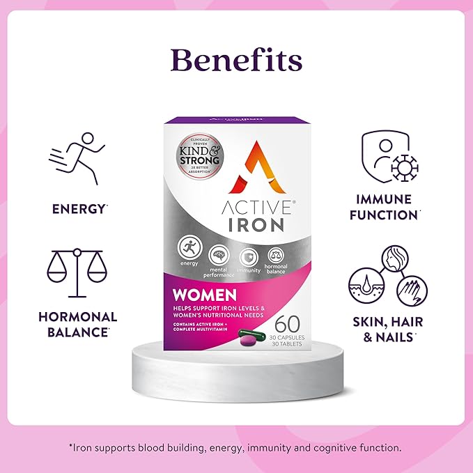 Active Iron Supplement 25mg + Multivitamin for Women, Clinically Proven to Increase Iron & Energy Levels, Maximum Absorption, Gentle, Non-Constipating, 30 Capsules + 30 Tablets in On-the-Go Foil Packs