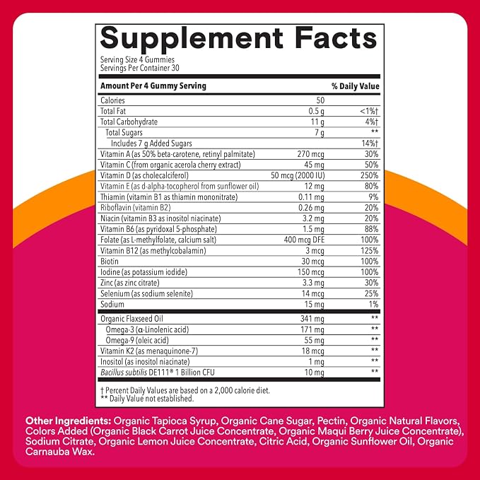 SmartyPants Organic Women's Multivitamin Gummies: Biotin,Probiotics,Methylfolate,Omega 3 (ALA),Vitamin D3,C,Vitamin B12,B6,A,K & Zinc,Inositol,Gluten Free,(30 Day Supply),120 Count (Pack of 2)