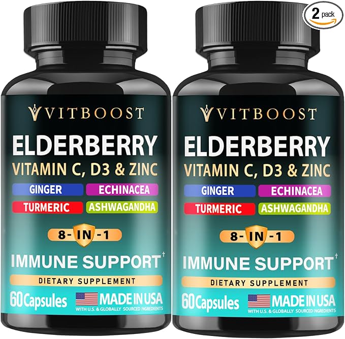 2 Pack Elderberry Immune Support Supplement 8-in-1 Formula with Echinacea, Vitamin C & Zinc, Vitamin D 5000 IU, Turmeric, Ginger, Ashwagandha – 60 Capsules Each