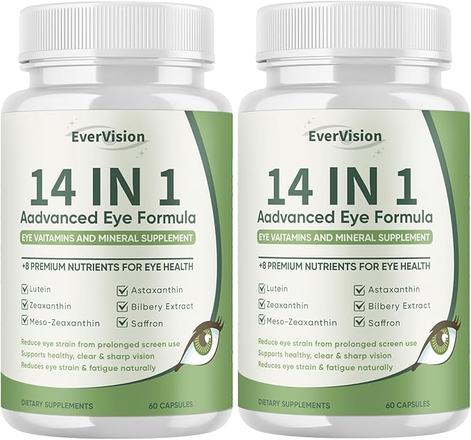 Evervision 14 in 1 Advanced Eye Formula, Eye Vitamin and Mineral Supplement with Zinc, Lutein, Zeaxanthin & Bilberry Extract, Dry Eye and Vision Care, 60 Capsules (2)