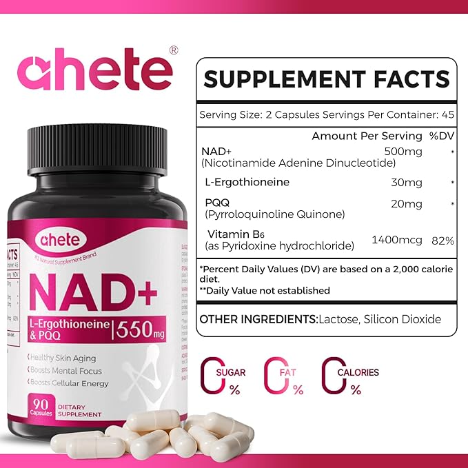 NAD Supplement with PQQ, Vitamin B6, L-Ergothioneine, and NMNH Supplement - for Cellular Health, Energy Support and Healthy Aging for Women & Men - Vegetarian, Non-GMO, Gluten Free- 270 Capsules