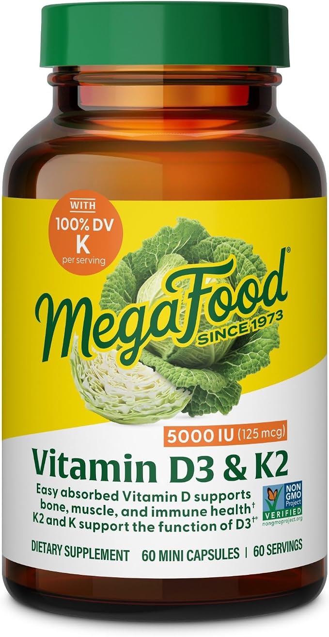 MegaFood Vitamin D3 5000 IU (125 mcg) - Vegetarian Supplements with Vitamin D3 K2 - Supports Bones, Teeth, Muscles & Immune Health - Certified Non-GMO - 60 Mini Capsules, 60 Servings