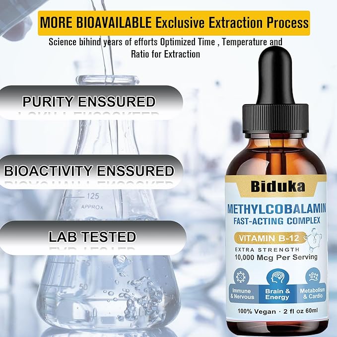 10,000mcg Sublingual Vitamin B12 Liquid Drops, Unique Formula with D3, B9(Folic Acid), Calcium, Support Energy, Heart, Mood, Brain, Immune System, Vegetarian, Non-GMO & Gluten Free