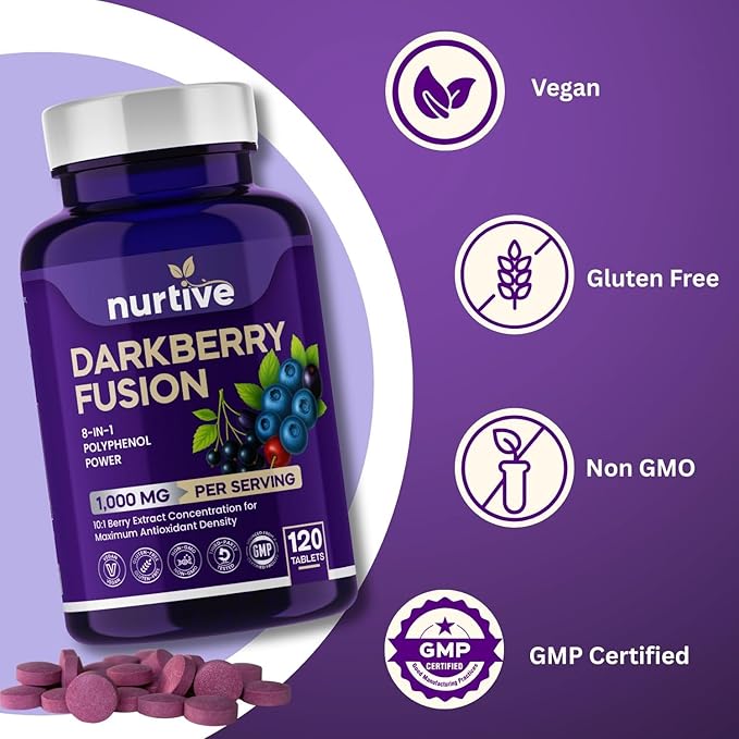 Darkberry Fusion Tablets – 1000 mg – 120 Tablets – 2 Tablets Per Day, 2-Month Supply – 8-Berry Blend with Maqui, Haskap, Aronia, Blueberry, Tart Cherry, Blackcurrant, Acai & Elderberry