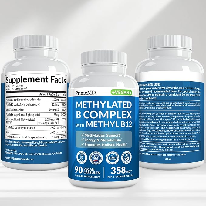 Methylated B Complex with Methylfolate and B12 Methylcobalamin 1000 mcg - Methylated Multivitamin for Energy, Brain Function, and Wellness - Vitamin B Complex for Men & Women (90 Servings) (Pack of 1)
