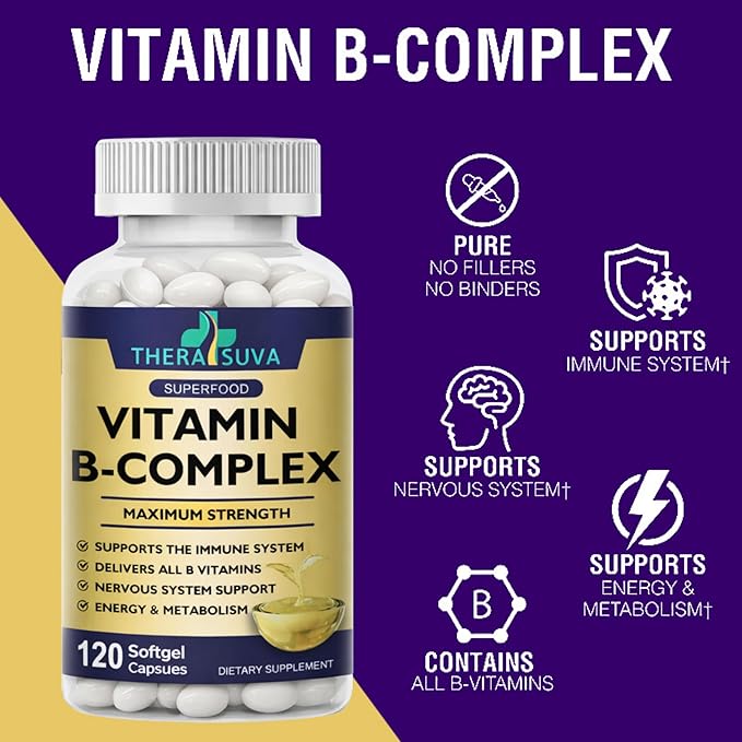TheraSuva Vitamin B-Complex + CoQ10 + Vitamin C - Max Strength Supplement for Energy, Metabolism Support, 2 Month Supply, 120 Softgels