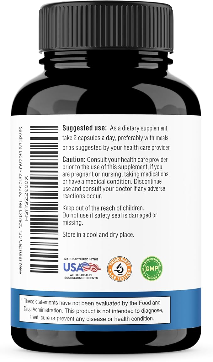 Sandhu's Zinc Supplement with Ionophores| Quercetin & Green Tea Extract for Superior Absorption and High Potency| 800mg Vegetarian Capsules 120 Count (Pack of 1)| Immune Support for Men & Women
